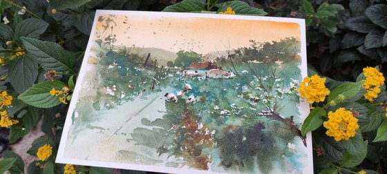 Annecy France Countryside original painting watercolor
