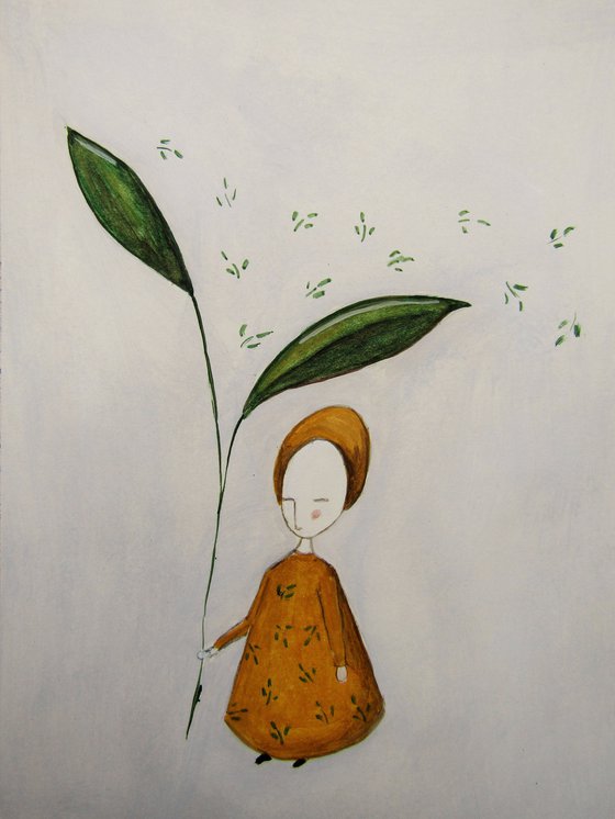 The tiny woman under the leaves