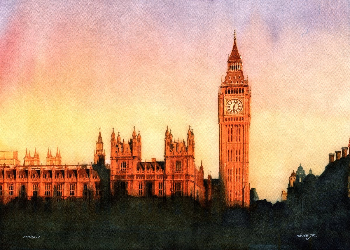 Impressionistic Cityscapes Watercolour By Reme Jr., 14 X 10", Sunset At London, Original Artwork