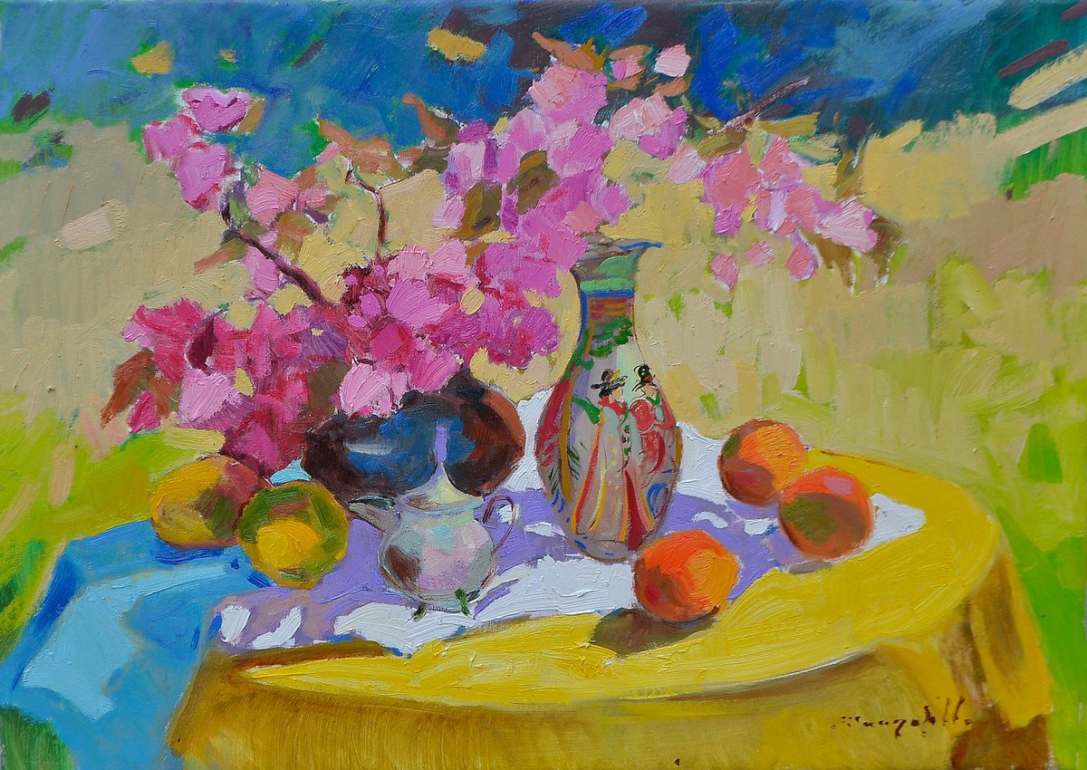 Impressionistic Landscape Oil Painting By Alexander Shandor, 31 X 24, Pink Zen, Original Artwork