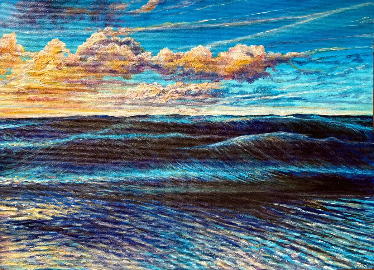 Impressionistic Landscape Acrylic Painting By Daria Dudochnykova, 11 X 8, Blue Horizons, Original Artwork