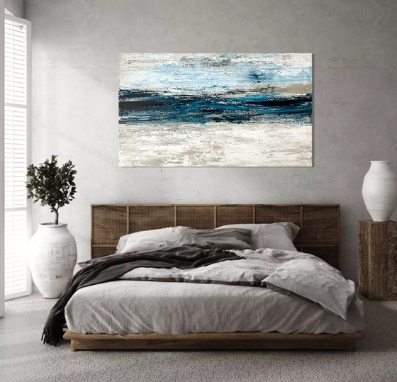 Blue seascape Gray White Abstract Art.