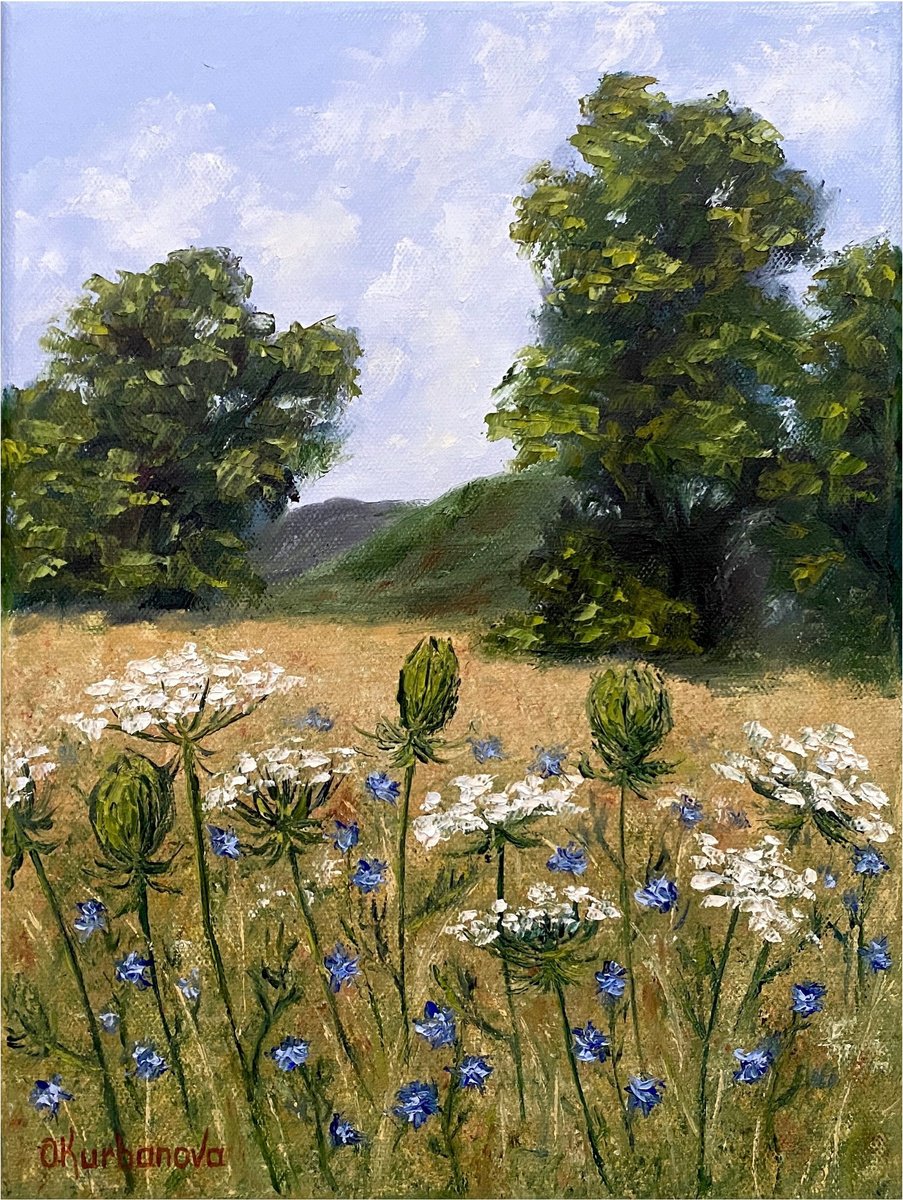 Impressionistic Botanical Oil Painting By Olga Kurbanova, 9 X 12", Soothing Meadow, Original Artwork
