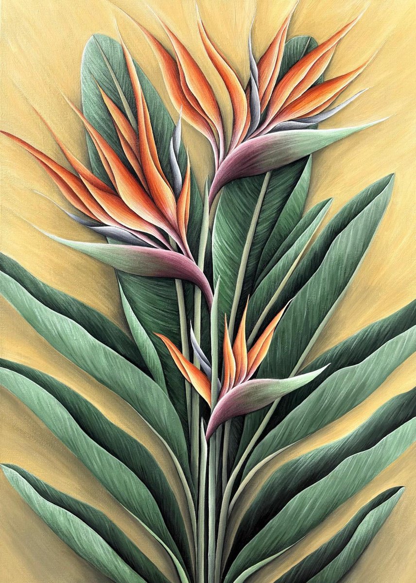 Impressionistic Botanical Acrylic Painting By Maria Tuzhilkina, 20 X 28", Tropical Orange Strelitzia, Original Artwork