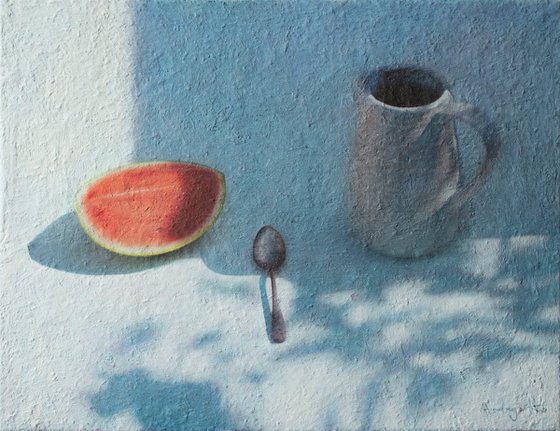 The Breakfast with a Watermelon on the Sunny Morning
