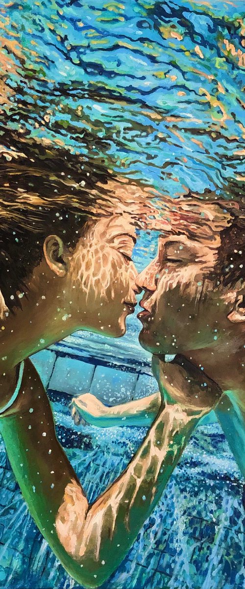 Freedom and love - Original oil painting; Underwater; seascape; Pool; Splash; Summer; Nautical; Oil painting; Waves; Sea; Ocean by Daria Dudochnykova