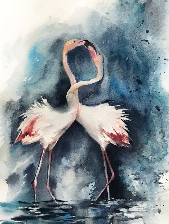 Flamingos couple Original Watercolor painting