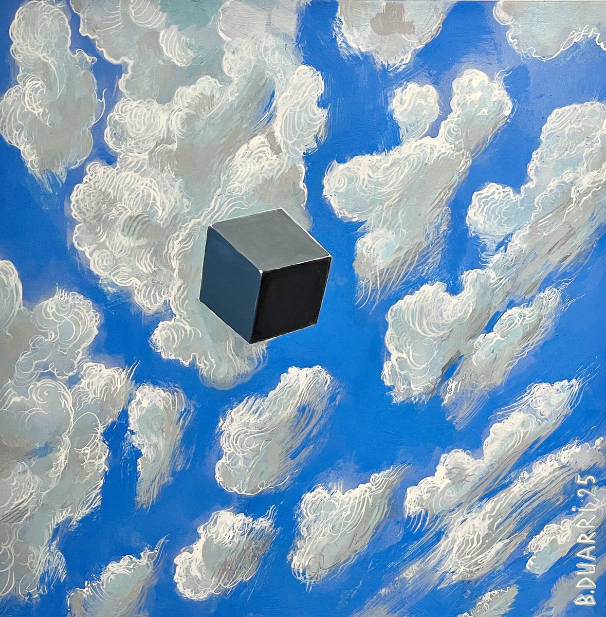 Surrealistic Landscape Acrylic Painting By Benjamin Duarri, 20 X 20, Flying Cube, Original Artwork