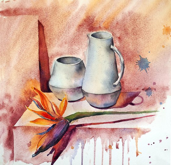 Strelitzia and jugs - original watercolor, sunny, warm color