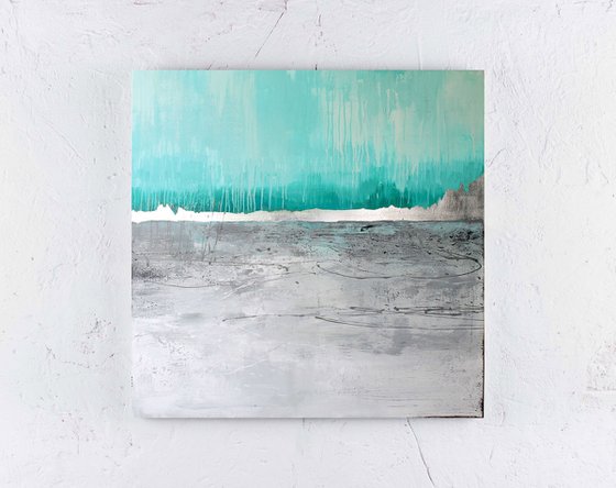"Lake" Abstract teal blue silver acrylic art