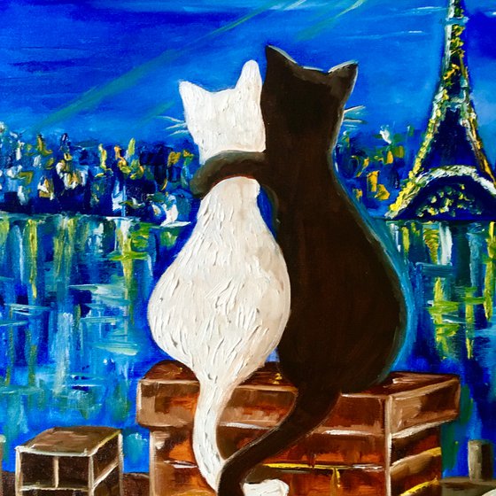 Cats in Paris. Travel to Paris, Parisian roofs , romantic night .