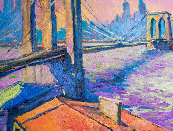 Brooklyn Bridge in New York, Evening in Pink