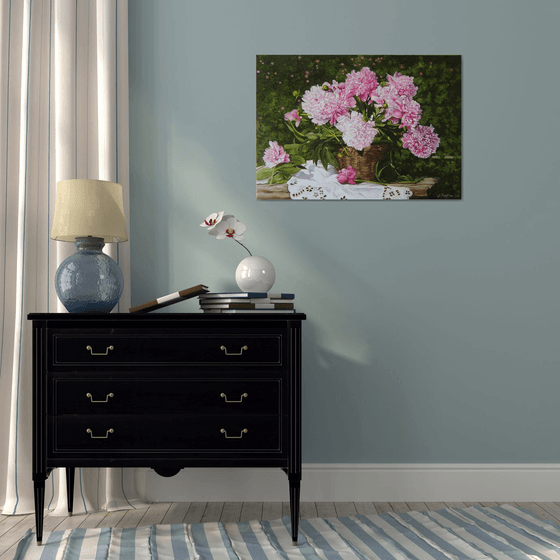 Basket of Pink Peonies