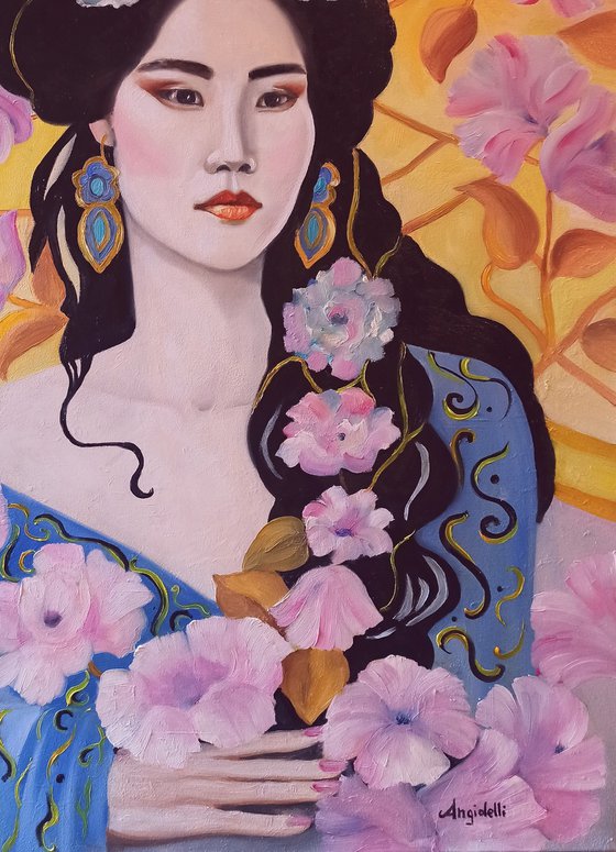 Geisha with pink flowers