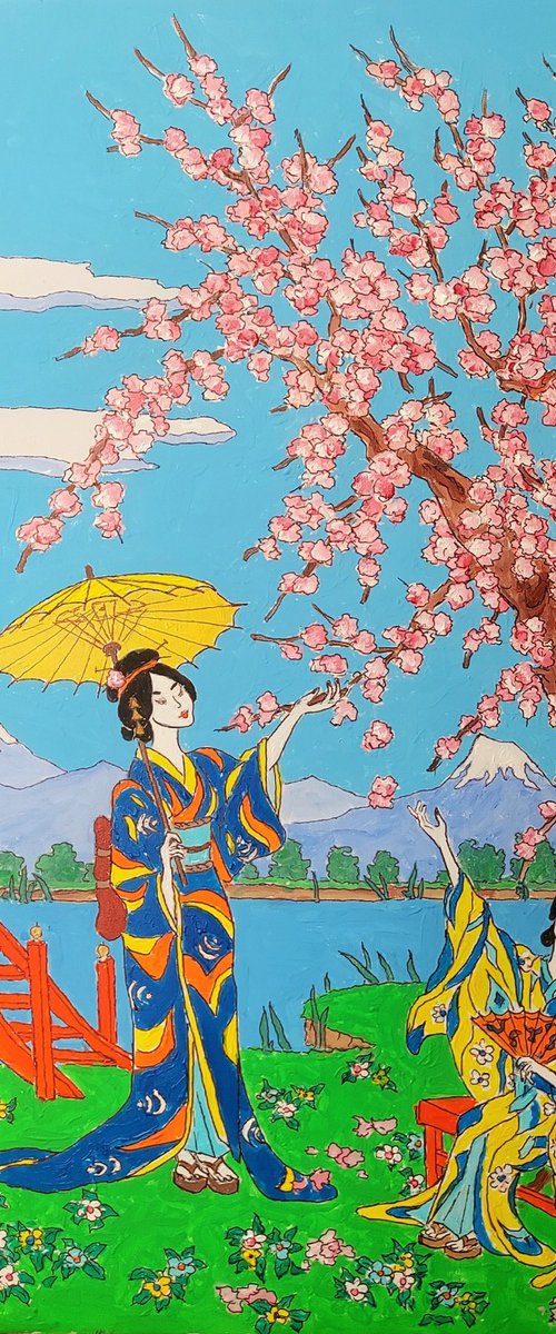 two geishas by blossom tree by Colin Ross Jack