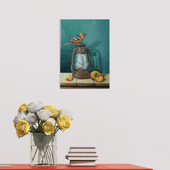 Still life with bird and kinglet-1 (25x35cm, oil painting, ready to hang)