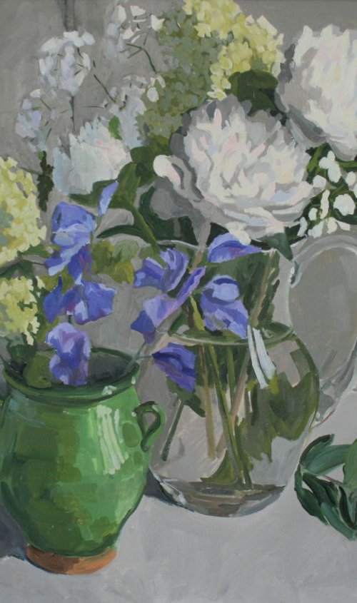 White peonies and blue sweet peas in three vases by Katharine Rowe