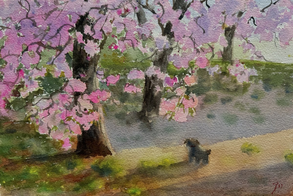 Impressionistic Botanical Watercolour By Shelly Du, 12 X 8", Cherry Blossom In Central Park And Puppy, Original Artwork