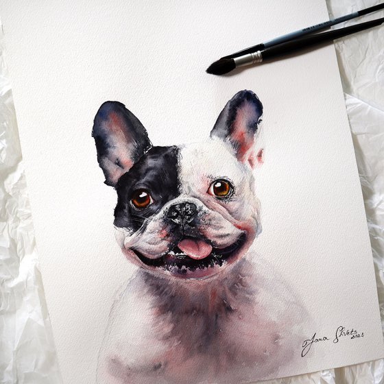 Cute bulldog portrait - Original Watercolor Painting