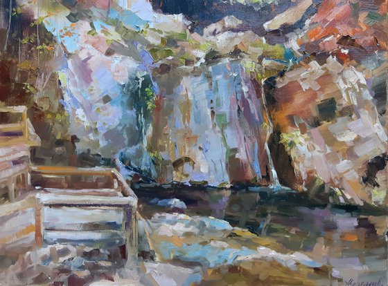 Joseph Howe waterfall, (plein air) original, one of a kind, oil on canvas impressionistic style painting  (18x24")