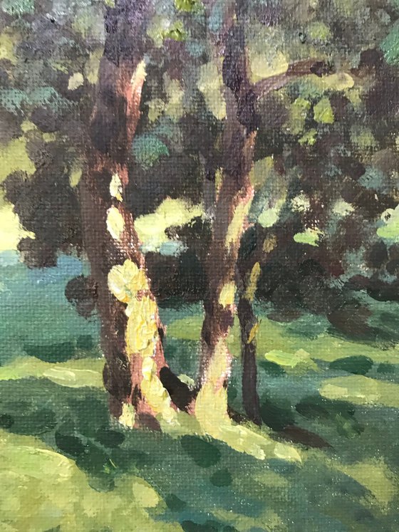 Original Oil Painting Wall Art Signed unframed Hand Made Jixiang Dong Canvas 25cm × 20cm Sunshine in the Woods landscape Small Impressionism Impasto