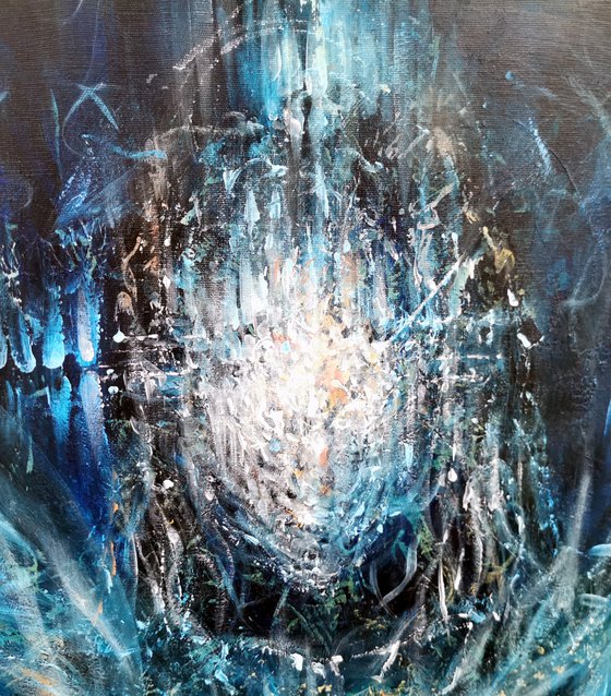 Large XXL enigmatic metaphysical dark blue abstract angel composition by master KLOSKA