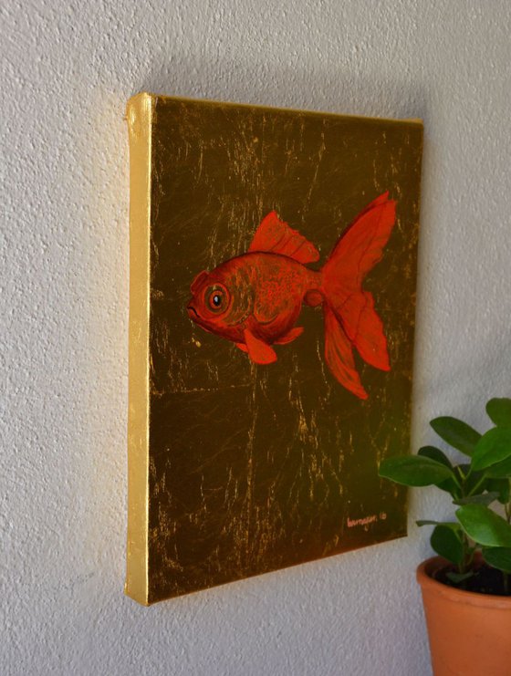 My Little Golden Goldfish Oil Painting on Lacquered Golden Leaf