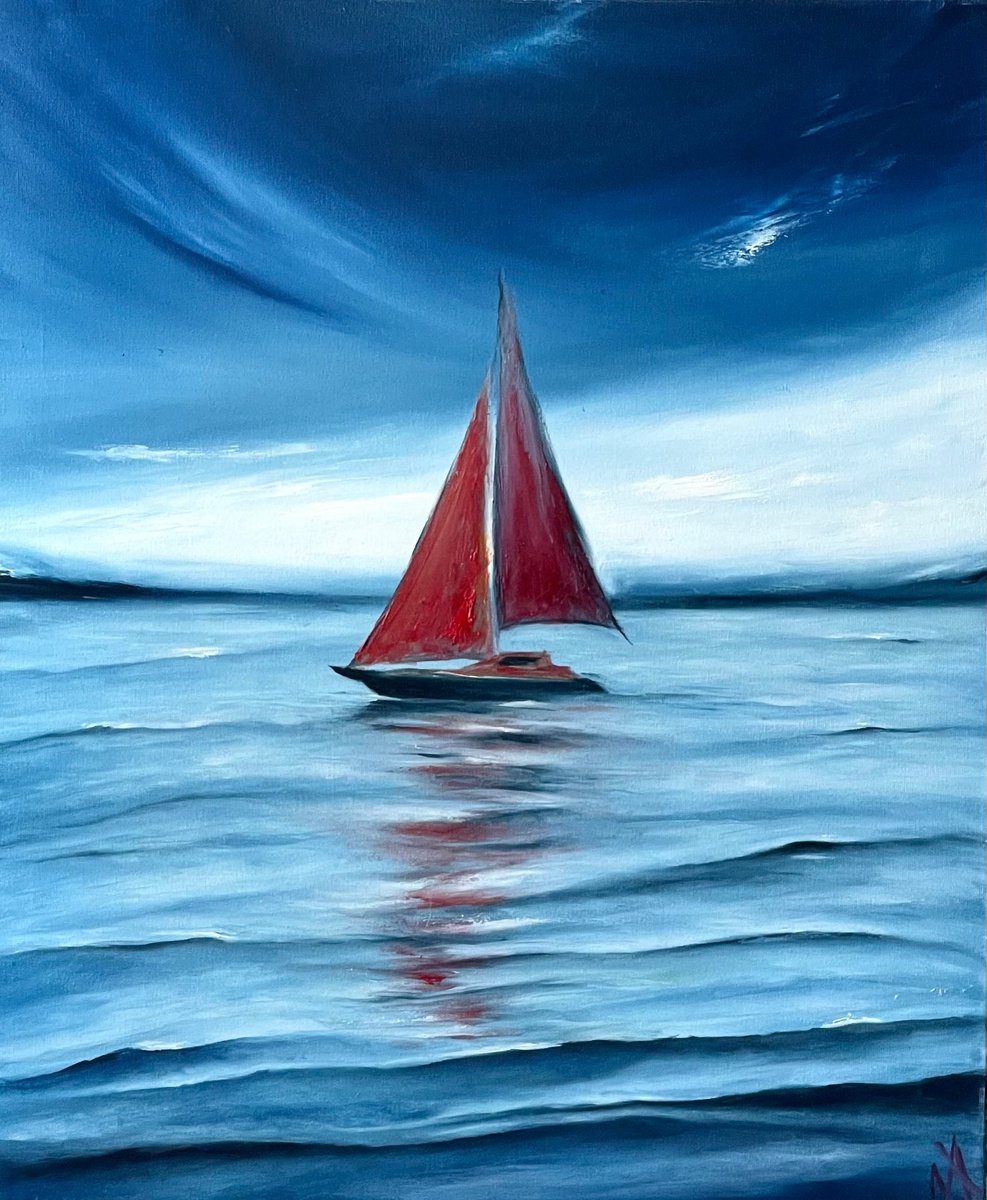 Abstract Landscape Oil Painting By Anastasiia Novitskaya, 20 X 24, Sailboat, Original Artwork