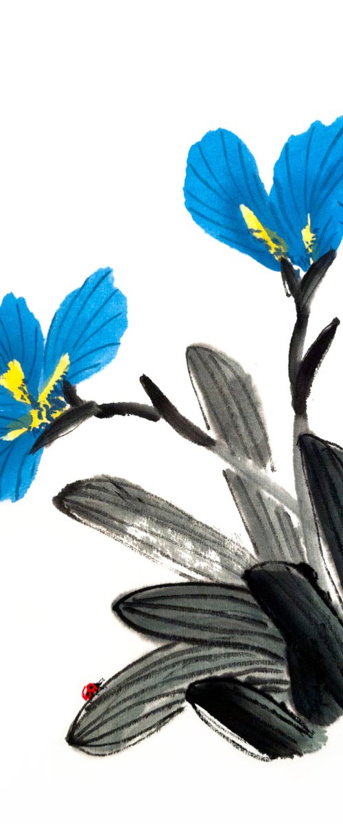 Blue irises and red ladybug - Oriental Chinese Ink Painting by Ilana Shechter