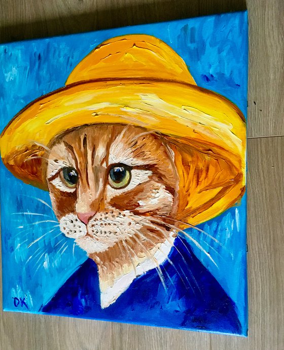 Cat La Vincent Van Gogh inspired by his self portrait in a straw  hat