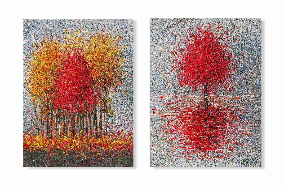 Impressionistic Landscape Acrylic Painting By Nadiia Antoniuk, 47 X 31", Lights Of Autumn Diptych, Original Artwork