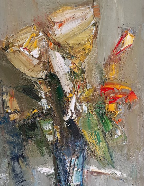 Still life - flowers, 30x50cm, oil painting, palette knife