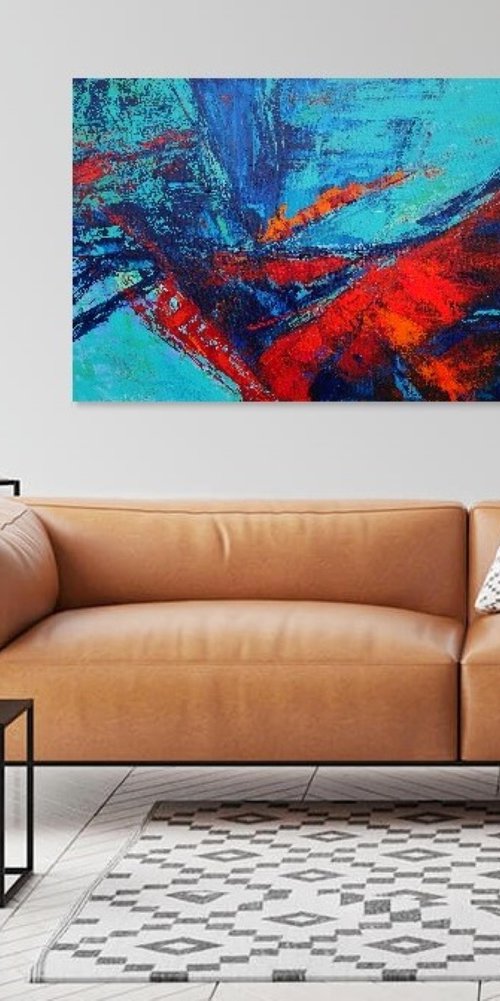 Large Abstract Blue Turquoise Red Landscape Painting. Modern Textured Art. Abstract. 61x91cm. by Sveta Osborne