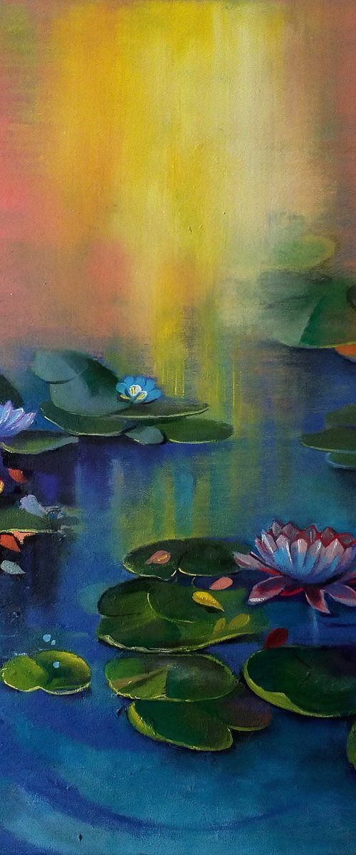 " Water Lilies " - 80 x 80cm Original Oil Painting by Reneta Isin