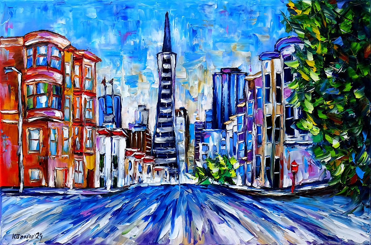Expressive Cityscapes Oil Painting By Mirek Kuzniar, 24 X 16", The Streets Of San Francisco, Original Artwork