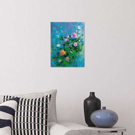 Abstract flowers on blue