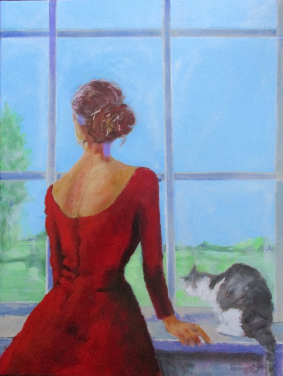 Impressionistic Portrait Acrylic Painting By Rosalind Roberts, 25 X 33", Waiting (At The Window), Original Artwork