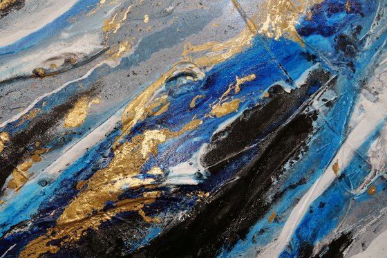 Golden Blue Silk 190cm x 100cm Blue Gold Abstract Art