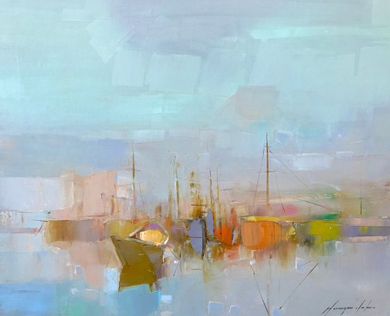 Harbor, Original oil painting, Handmade artwork, One of a kind