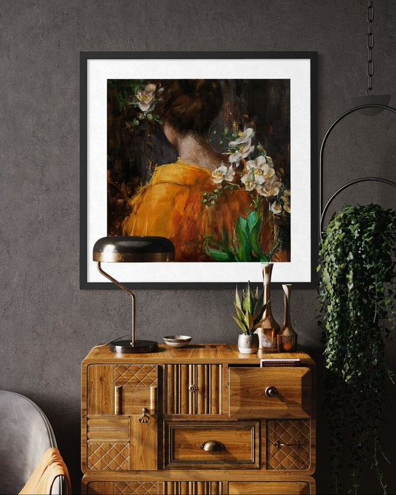 ORANGE KIMONO WHITE ORCHIDS