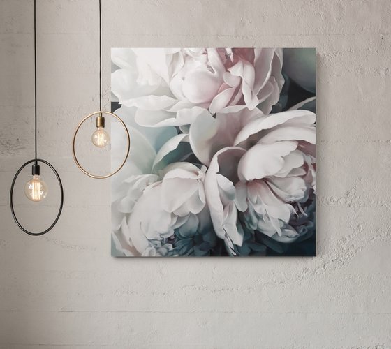 "Tender peonies"  White flower oil canvas art