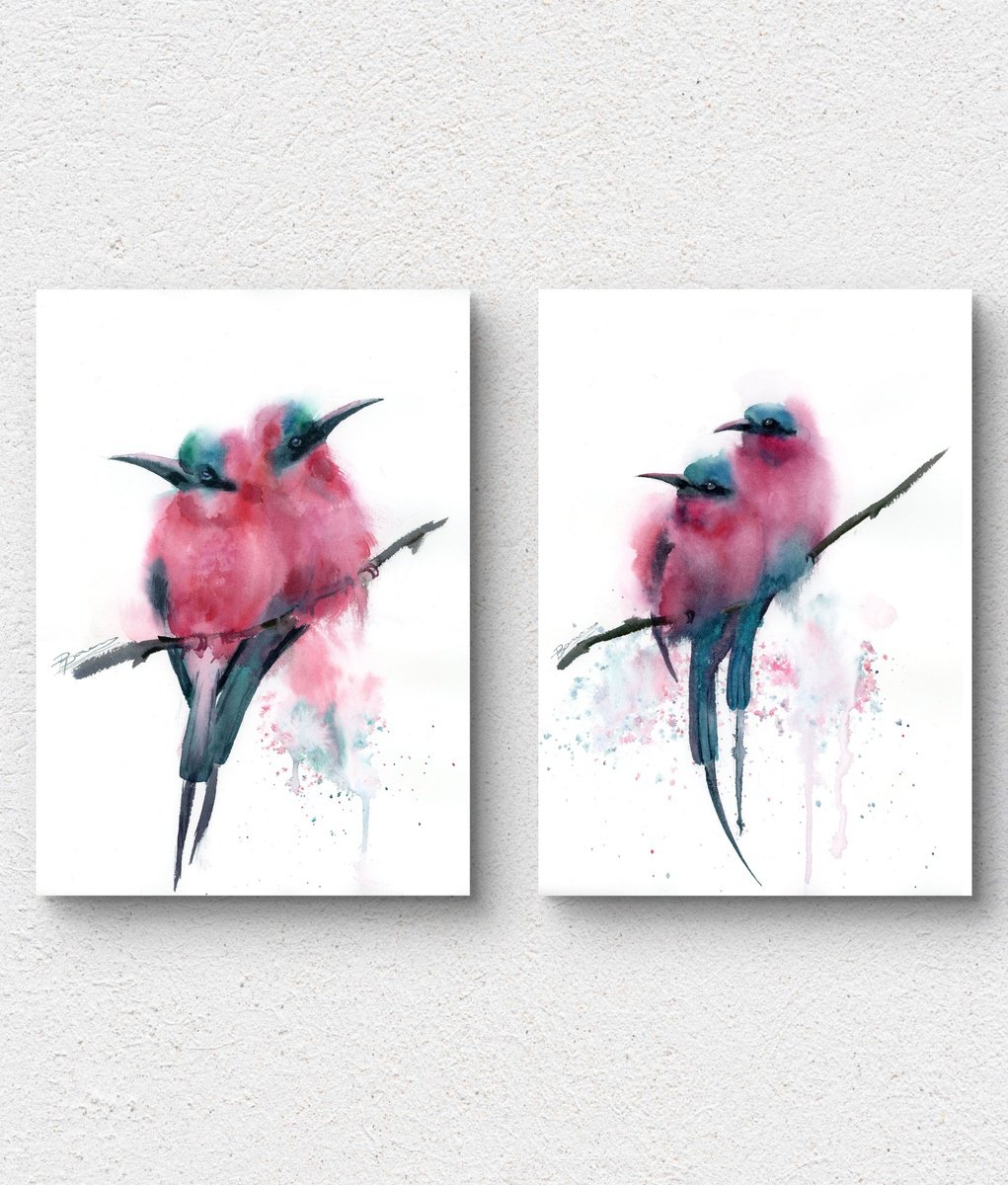 Impressionistic Animal Watercolour By Olga Tchefranov (Shefranov), 22 X 15", Bee Eaters - Diptych, Original Artwork