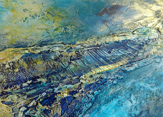 Contemporary Blue Abstract Painting. Modern Blue and Gold Textured Art