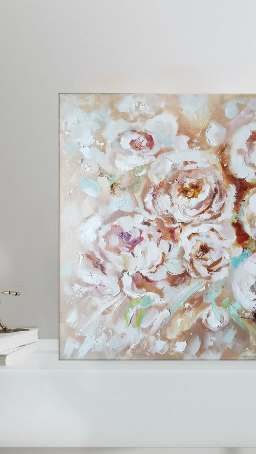 Peonies flowers painting, Textural painting on canvas by Annet Loginova