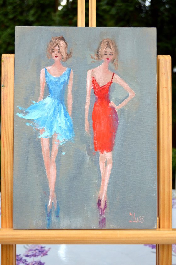 Funny fashionistas in blue and red Miniature