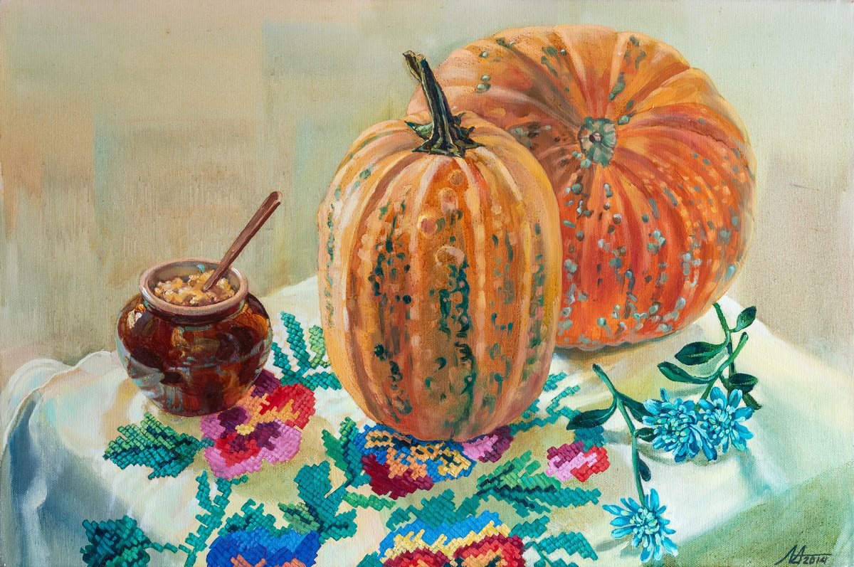 Photorealistic Still Life Oil Painting By Alona Lesnichenko, 28 X 20, Pumpkin Porridge, Original Artwork