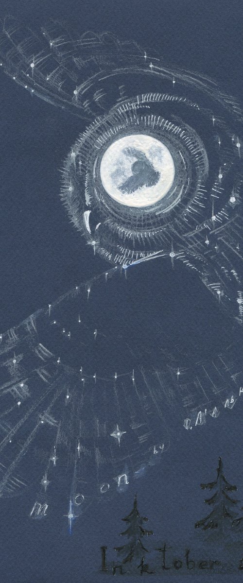 Moon Owl / Night sky Starry bird Fool Moon Dark blue picture Original drawing by Olha Malko