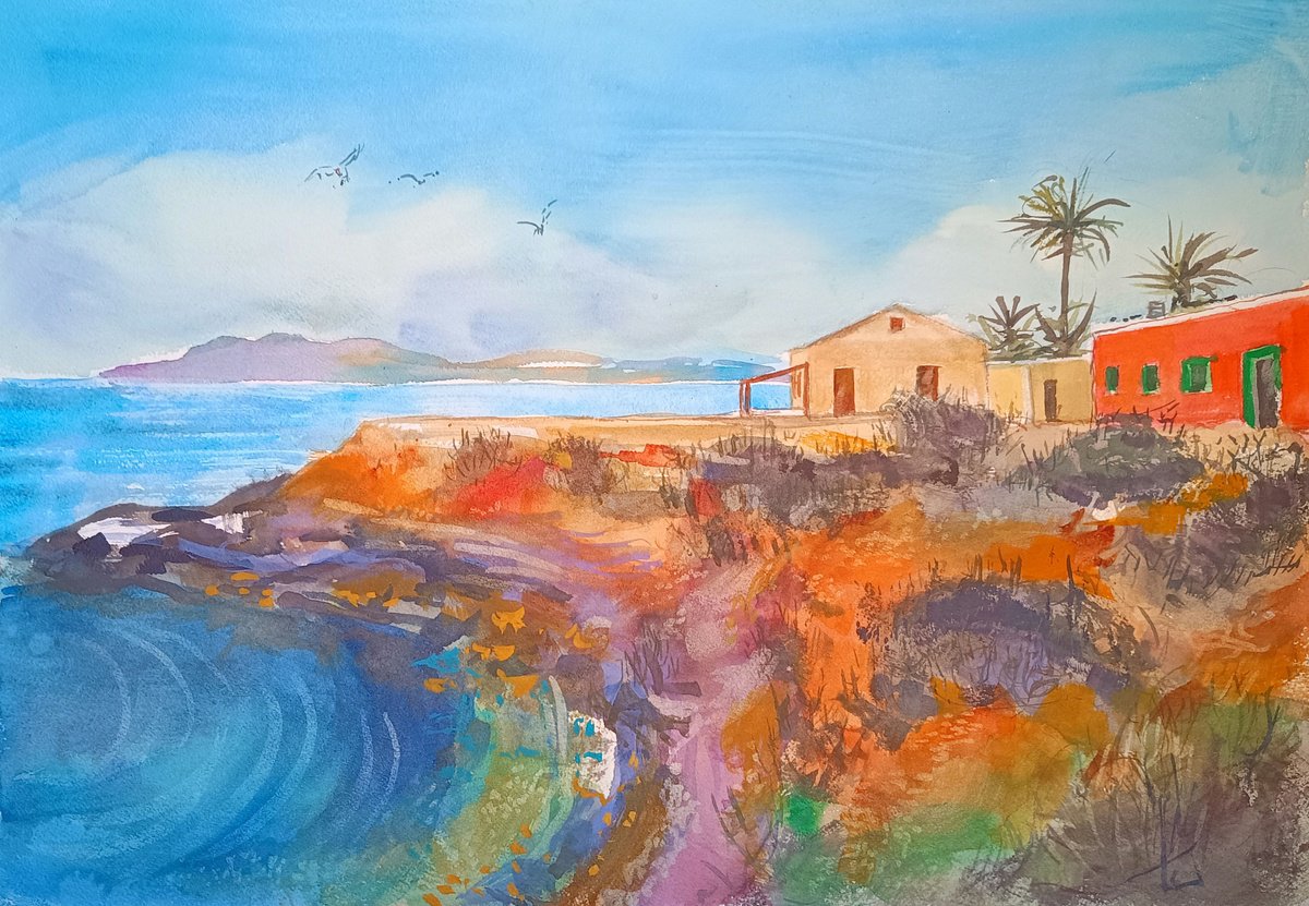 Impressionistic Landscape Watercolour By Marina Del Pozo, 20 X 14", Red Seaside, Original Artwork