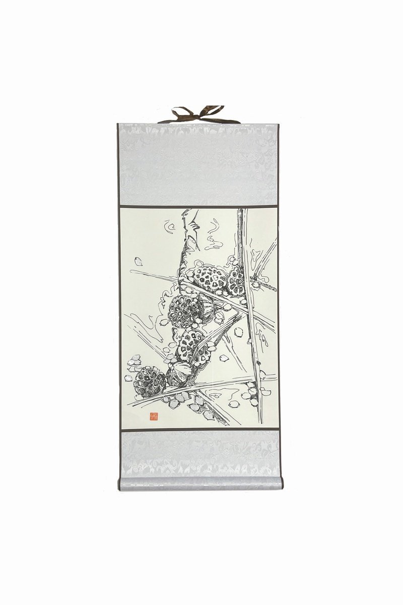 Graphic Botanical Ink Drawing By Guzel Min, 13 X 28, Lotus Pods. Sakura, Original Artwork