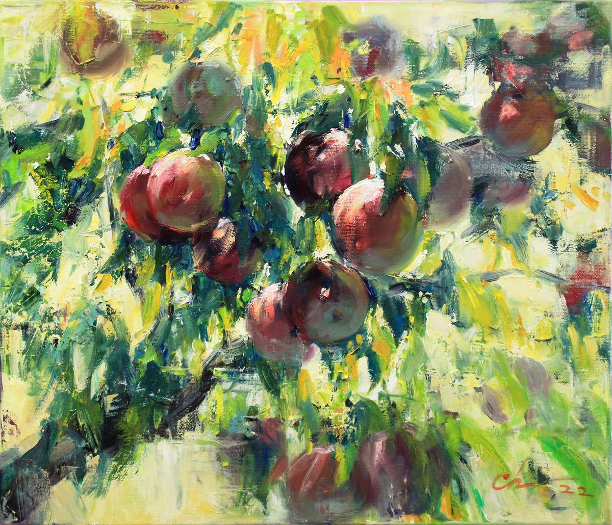 Impressionistic Still Life Oil Painting By Serhii Cherniakovskyi, 28 X 24", Apples In The Garden, Original Artwork